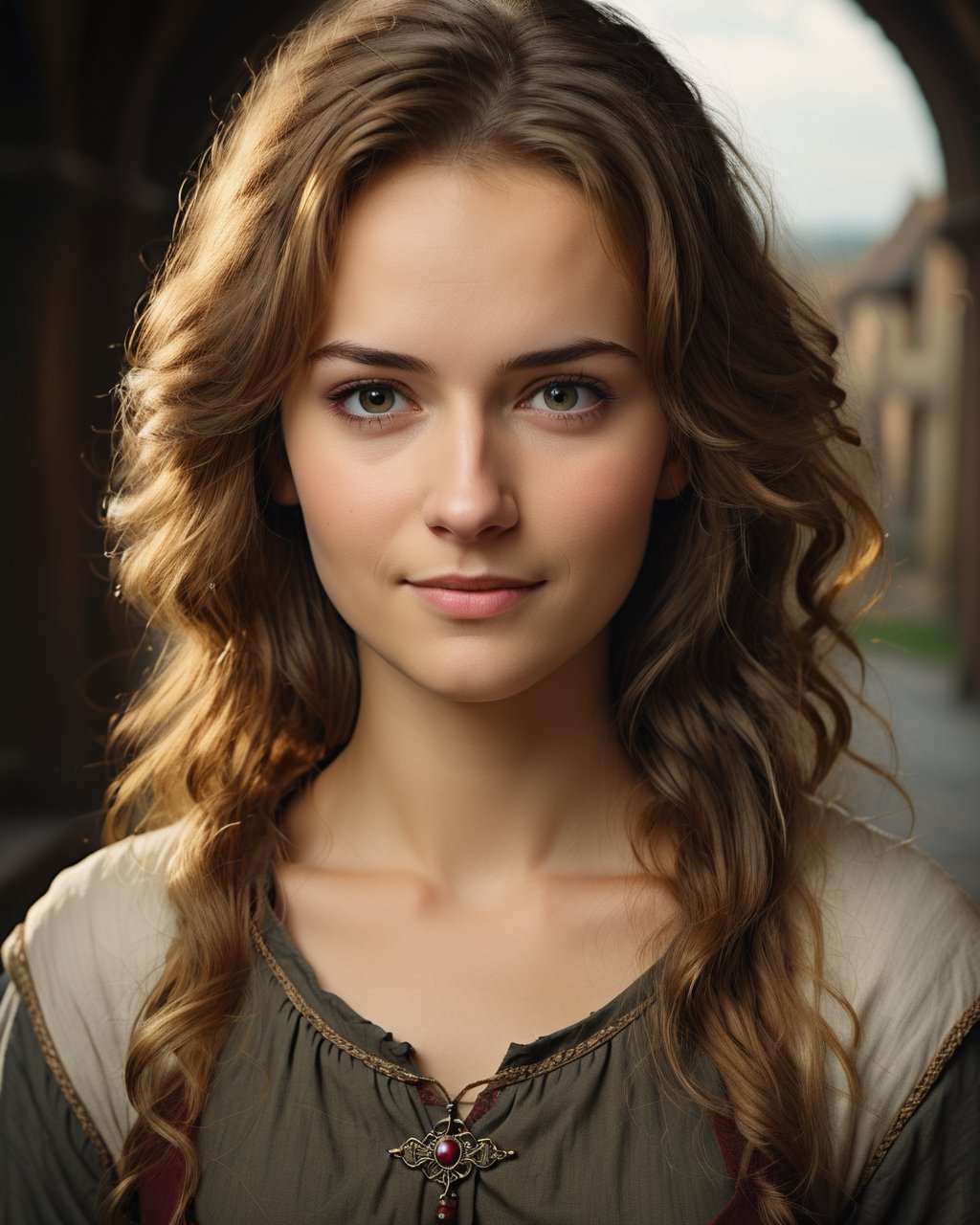  , cinematic  moviemaker style, ,detailmaster2, 
close up portrait, 
portrait of medieval woman, age 25, plain clothes, not smiling, dark blonde hair,
,rebsonya