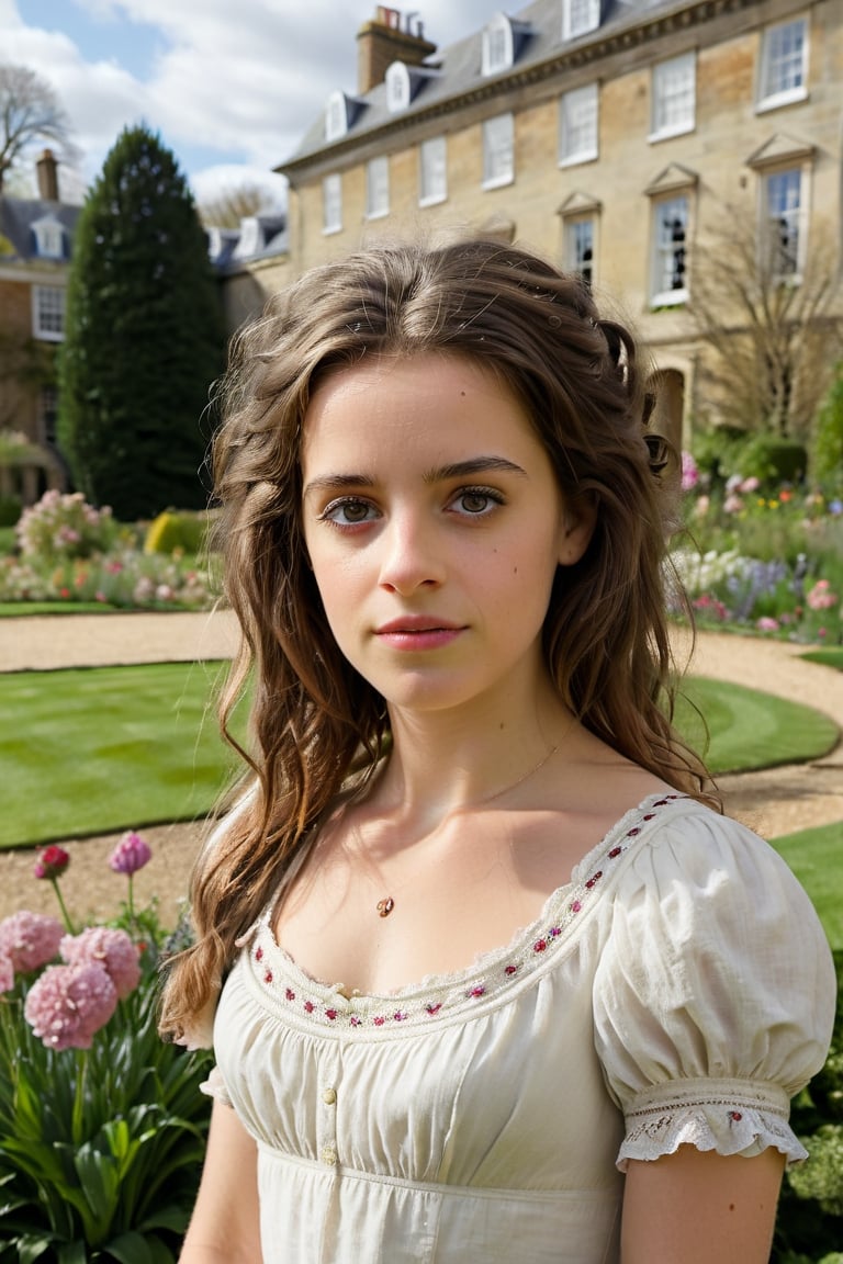 Realistic colour photo ,eyes shoot close,  Wide view, historical romance, hermione granger, brown hair, bridgerton, 1800s, regency era, spring time, beautiful manicured gardens, bright flowers, large maor in the background, london, detailed, very detailed, eyes shoot,detailmaster2,cinematic  moviemaker style,rebevelin