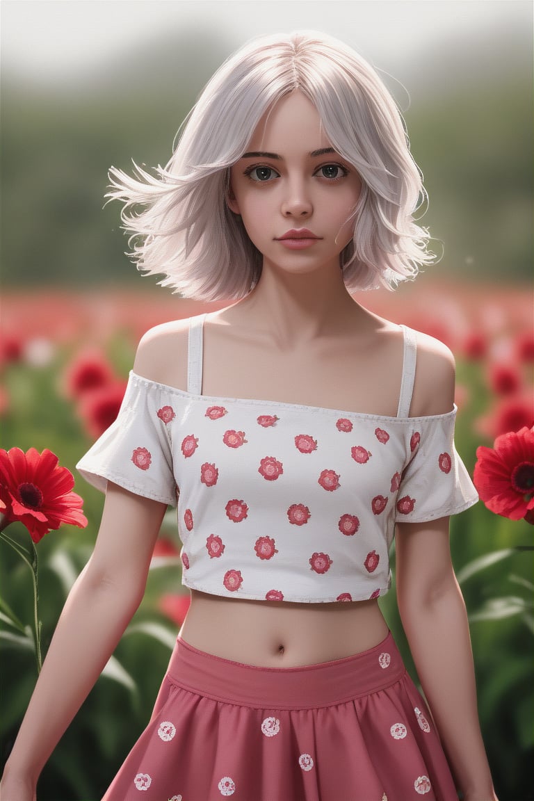 close hallf body eyes shoot cinematic film still (Raw Photo:1.3) of (Ultrarealistic:1.3) 1girl, blurry, blurry_background, light_gray off shoulder top with big red flower pattern, long pink skirt, flower, hair_flower, hair_ornament, lips, long_hair, looking_at_viewer, midriff, navel, photorealistic, realistic, red_flower, short_shorts, shorts, solo,,Highly Detailed . shallow depth of field, vignette, highly detailed, high budget, bokeh, cinemascope, moody, epic, gorgeous, film grain,
