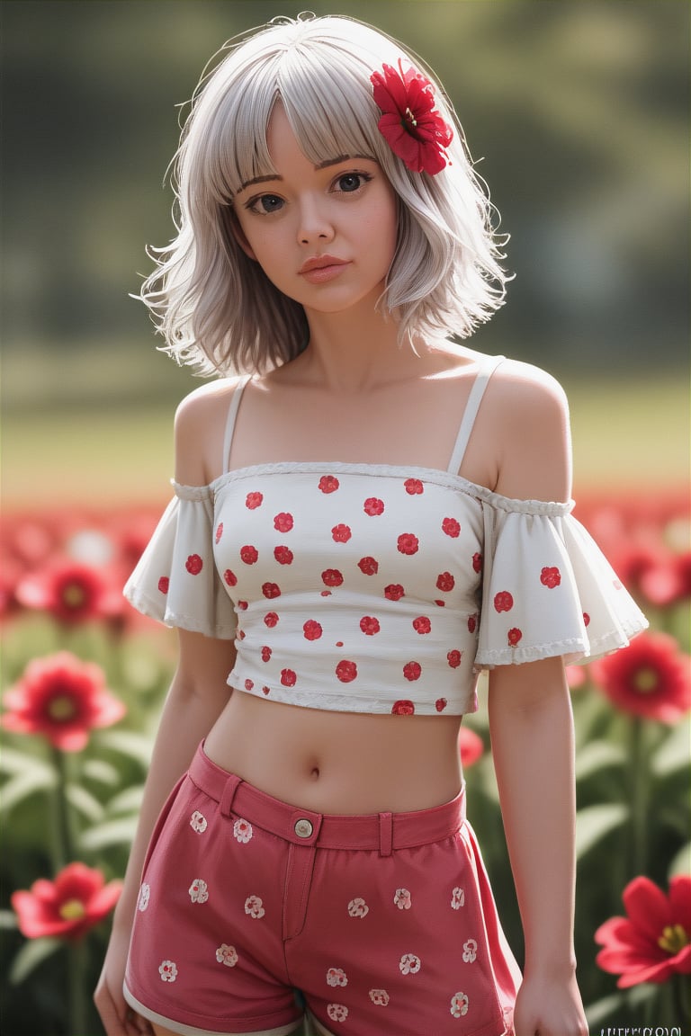 close hallf body eyes shoot cinematic film still (Raw Photo:1.3) of (Ultrarealistic:1.3) 1girl, blurry, blurry_background, light_gray off shoulder top with big red flower pattern, long pink skirt, flower, hair_flower, hair_ornament, lips, long_hair, looking_at_viewer, midriff, navel, photorealistic, realistic, red_flower, short_shorts, shorts, solo,,Highly Detailed . shallow depth of field, vignette, highly detailed, high budget, bokeh, cinemascope, moody, epic, gorgeous, film grain,
