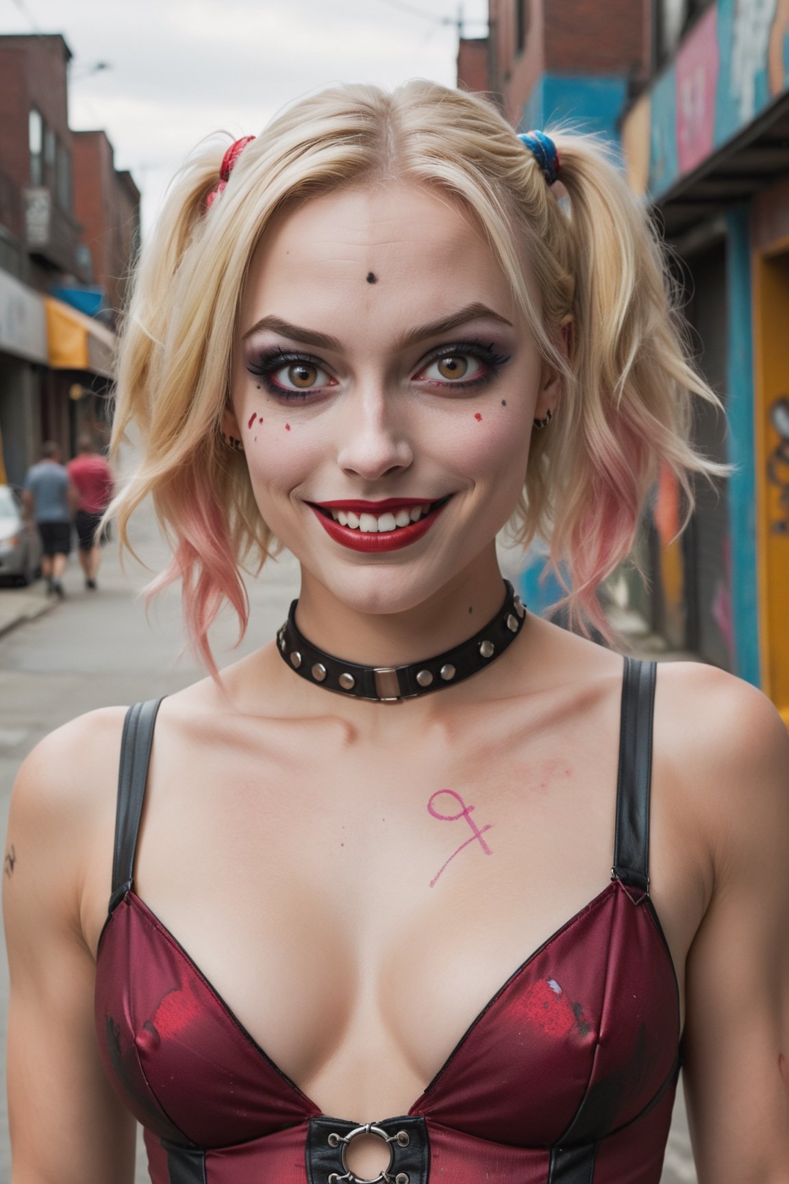 hyper-realistic portrait that showcases the face of Harley Quinn with meticulous detail and authenticity. Harley should be the central focus, filling the frame with her striking visage. Pay careful attention to capturing her unique and complex personality through her facial expressions. Her makeup should be rendered with precision, highlighting her signature red and black color scheme, exaggerated eye shadow, and playful smile. Her two-toned hair, half blonde and half pink, should exhibit lifelike texture and movement. Her eyes should hold a captivating mix of mischief and charm, reflecting her multifaceted character. The lighting should cast nuanced shadows that accentuate the contours of her face and emphasize the fine details of her features. Utilize a 50mm lens to capture the intricacies of her expression and makeup, while applying Kodak Portra 800 film emulation for a rich and vibrant color palette. Consider placing Harley in an environment that complements her character, such as a graffiti-covered alleyway or a chaotic carnival backdrop. Aim for an ultra-realistic rendering, achieving a resolution of at least 4K to bring out every freckle, strand of hair, and nuance of her expression. Enhance the overall authenticity with subtle film grain,