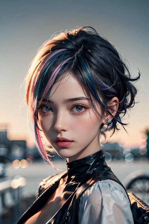 a 20 yo woman, long bobcut BLUE HAIR PINK HIGHLIGHTS, (hi-top fade:1.3), dark theme, soothing tones, muted colors, high contrast, (natural skin texture, hyperrealism, soft light, sharp)