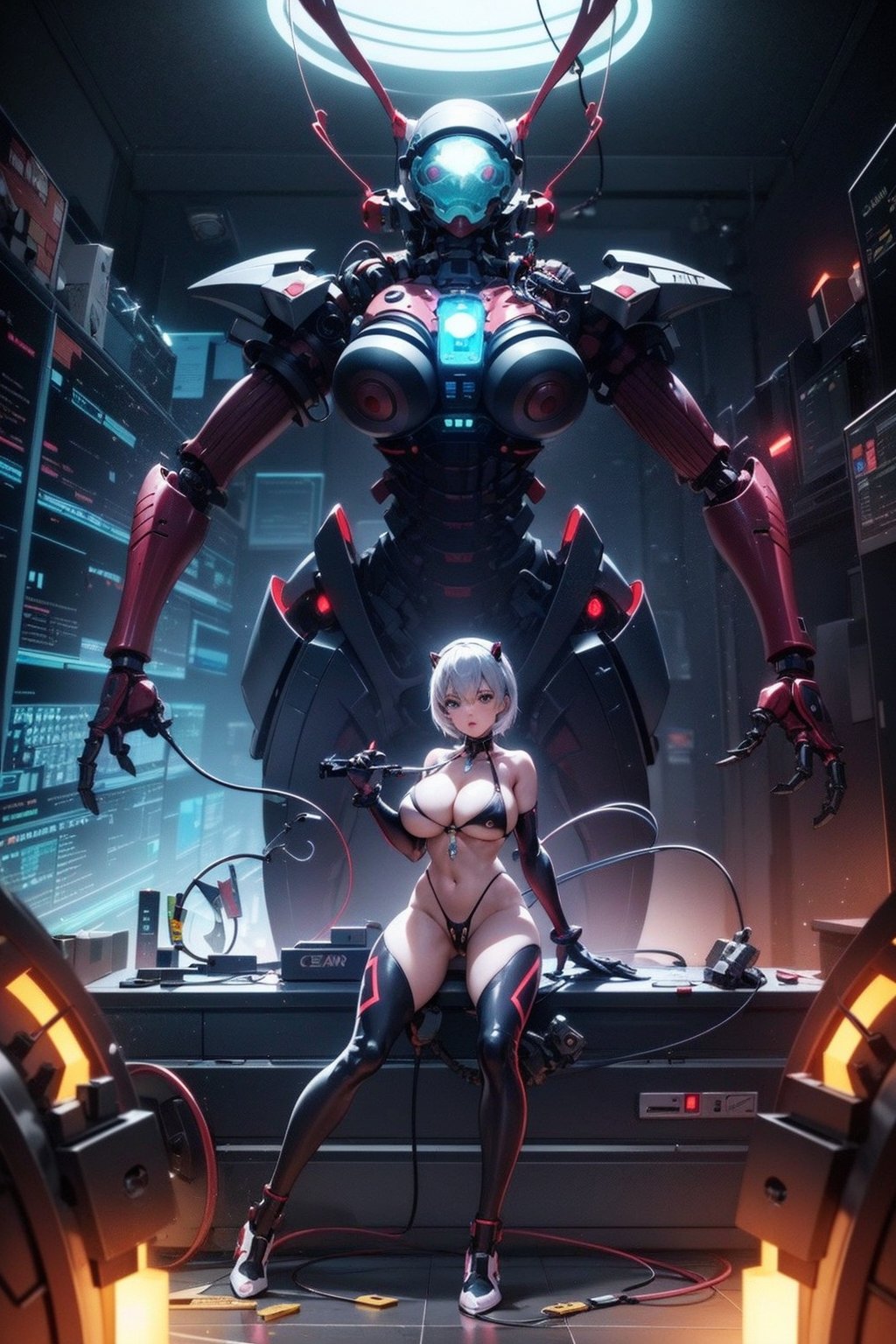 Rei Ayanami and Asuka Langley, surreal, cinematic effect 8k, hyperdetailed painting, luminism, concept art,fractal isometrics details bioluminescence , 3d render, octane render,intricately detailed,cinematic, trending on artstation Isometric Centered hyperrealistic cover photo awesome full color, gritty, realistic mucha, hit definition,cinematic, ethereal background,full body, (2 mechanical girl:1.5),(transparent surfaces and skins:1.5),(many mechanical gears and electronic components inside the body:1.4),(mechanical vertebra and cervial:1.3),solo,expressionless,(wires and cables from spine to arms:1.4),(mechanical arms of surgical machine around:1.2),(Circuit boards:1.4),(character focus:1.3),science fiction, ((big breasts:1.4)),((mechanical exoskeleton)),Mecha,metal bra,metal thong, metal electrical facility background