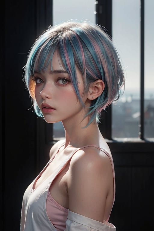 a 20 yo woman, long bobcut BLUE HAIR PINK HIGHLIGHTS, (hi-top fade:1.3), dark theme, soothing tones, muted colors, high contrast, (natural skin texture, hyperrealism, soft light, sharp)