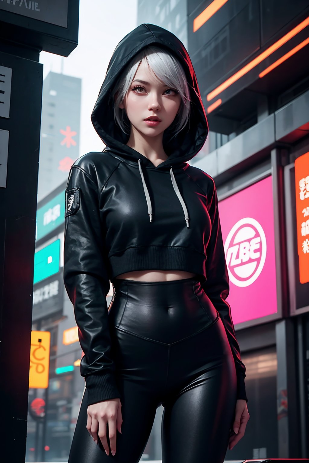 edgNoire,upper body shot,female, woman wearing casual hoodie with logos, sleek designer bodysuit, (cyber leggings:1.1) ,cyberpunk scene ,yorha no. 2 type b,weiboZH