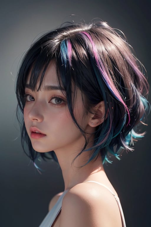 a 20 yo woman, long bobcut BLUE HAIR PINK HIGHLIGHTS, (hi-top fade:1.3), dark theme, soothing tones, muted colors, high contrast, (natural skin texture, hyperrealism, soft light, sharp)