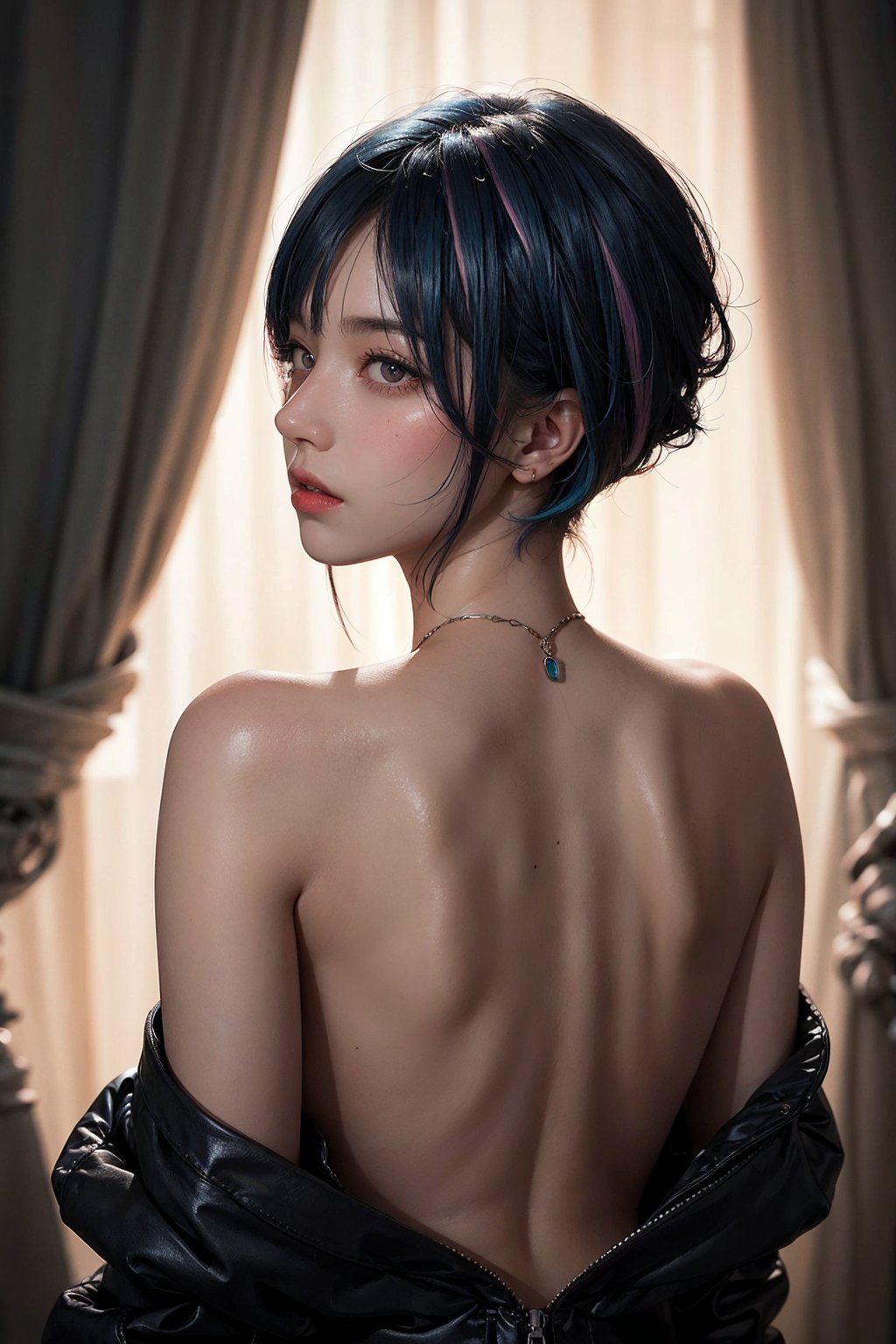 a 20 yo woman, long bobcut BLUE HAIR PINK HIGHLIGHTS, (hi-top fade:1.3), big breasts, big ass, dark theme, soothing tones, muted colors, high contrast, (natural skin texture, hyperrealism, soft light, sharp)