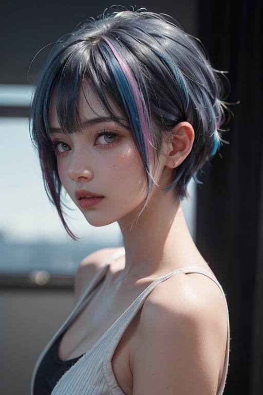 a 20 yo woman, long bobcut BLUE HAIR PINK HIGHLIGHTS, (hi-top fade:1.3), dark theme, soothing tones, muted colors, high contrast, (natural skin texture, hyperrealism, soft light, sharp)