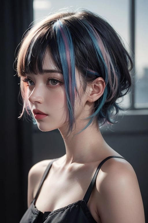 a 20 yo woman, long bobcut BLUE HAIR PINK HIGHLIGHTS, (hi-top fade:1.3), dark theme, soothing tones, muted colors, high contrast, (natural skin texture, hyperrealism, soft light, sharp)