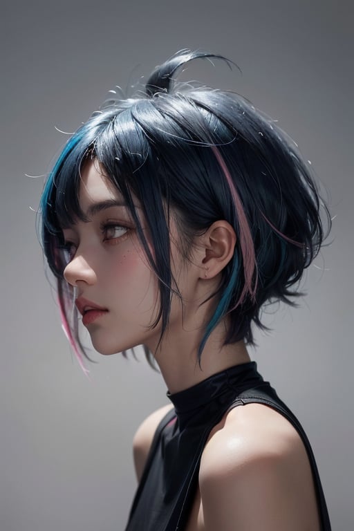 a 20 yo woman, long bobcut BLUE HAIR PINK HIGHLIGHTS, (hi-top fade:1.3), dark theme, soothing tones, muted colors, high contrast, (natural skin texture, hyperrealism, soft light, sharp)