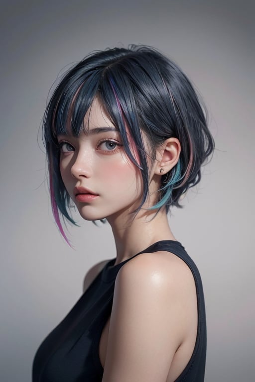 a 20 yo woman, long bobcut BLUE HAIR PINK HIGHLIGHTS, (hi-top fade:1.3), dark theme, soothing tones, muted colors, high contrast, (natural skin texture, hyperrealism, soft light, sharp)