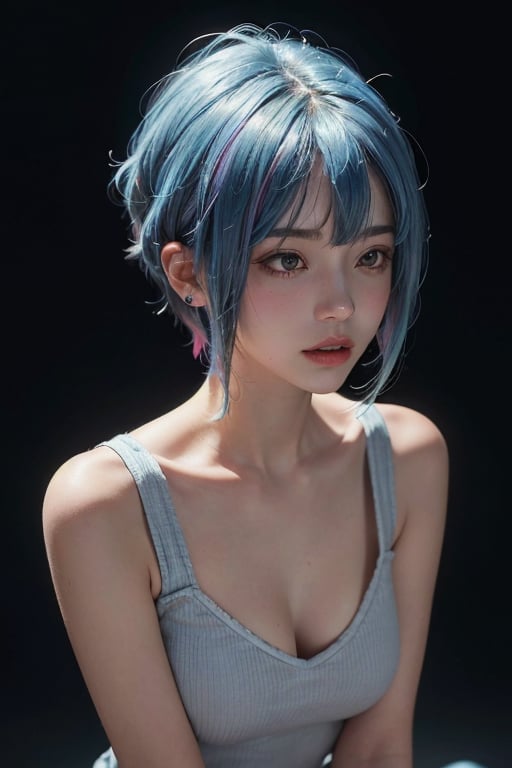 a 20 yo woman, long bobcut BLUE HAIR PINK HIGHLIGHTS, (hi-top fade:1.3), dark theme, soothing tones, muted colors, high contrast, (natural skin texture, hyperrealism, soft light, sharp)