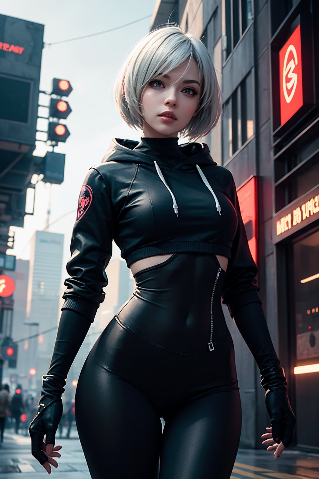 edgNoire,upper body shot,female, woman wearing casual hoodie with logos, sleek designer bodysuit, (cyber leggings:1.1) ,cyberpunk scene ,yorha no. 2 type b