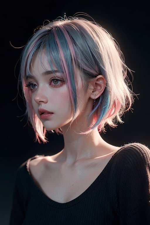 a 20 yo woman, long bobcut BLUE HAIR PINK HIGHLIGHTS, (hi-top fade:1.3), dark theme, soothing tones, muted colors, high contrast, (natural skin texture, hyperrealism, soft light, sharp)