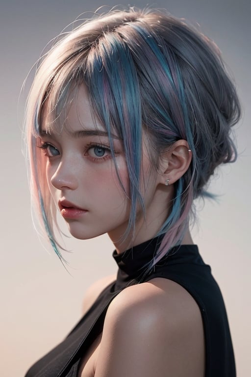 a 20 yo woman, long bobcut BLUE HAIR PINK HIGHLIGHTS, (hi-top fade:1.3), dark theme, soothing tones, muted colors, high contrast, (natural skin texture, hyperrealism, soft light, sharp)