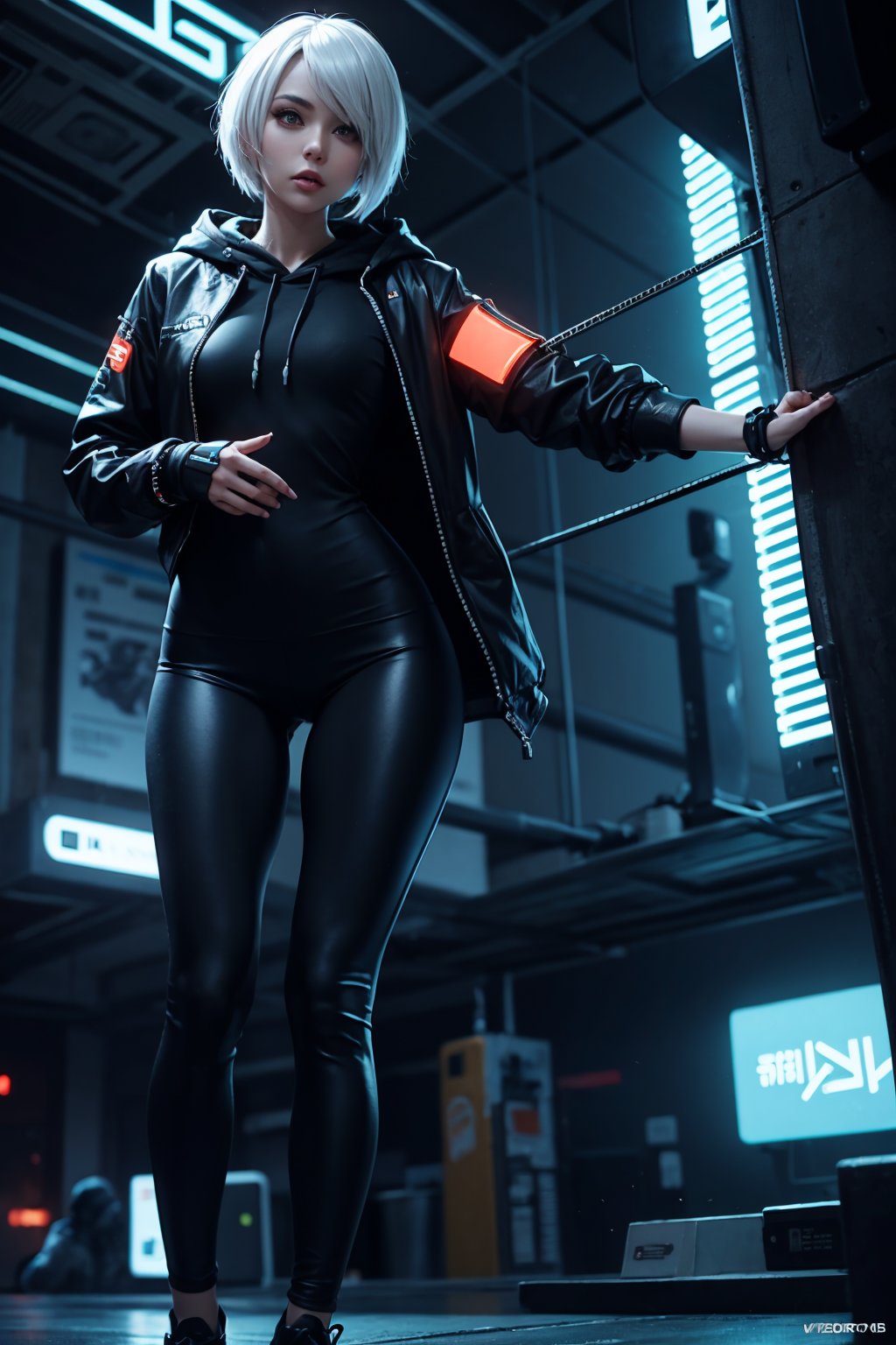 edgNoire,upper body shot,female, woman wearing casual hoodie with logos, sleek designer bodysuit, (cyber leggings:1.1) ,cyberpunk scene ,yorha no. 2 type b