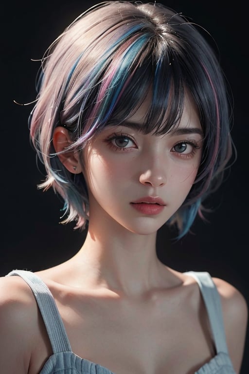 a 20 yo woman, long bobcut BLUE HAIR PINK HIGHLIGHTS, (hi-top fade:1.3), dark theme, soothing tones, muted colors, high contrast, (natural skin texture, hyperrealism, soft light, sharp)