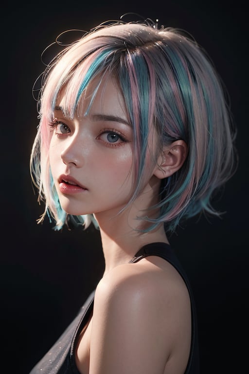 a 20 yo woman, long bobcut BLUE HAIR PINK HIGHLIGHTS, (hi-top fade:1.3), dark theme, soothing tones, muted colors, high contrast, (natural skin texture, hyperrealism, soft light, sharp)