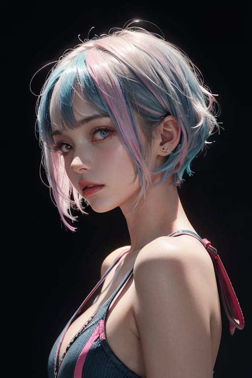 a 20 yo woman, long bobcut BLUE HAIR PINK HIGHLIGHTS, (hi-top fade:1.3), dark theme, soothing tones, muted colors, high contrast, (natural skin texture, hyperrealism, soft light, sharp)