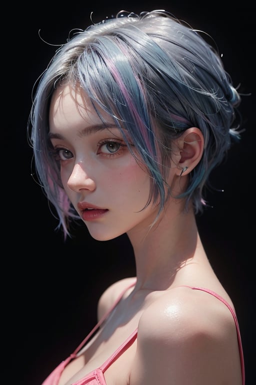 a 20 yo woman, long bobcut BLUE HAIR PINK HIGHLIGHTS, (hi-top fade:1.3), dark theme, soothing tones, muted colors, high contrast, (natural skin texture, hyperrealism, soft light, sharp)