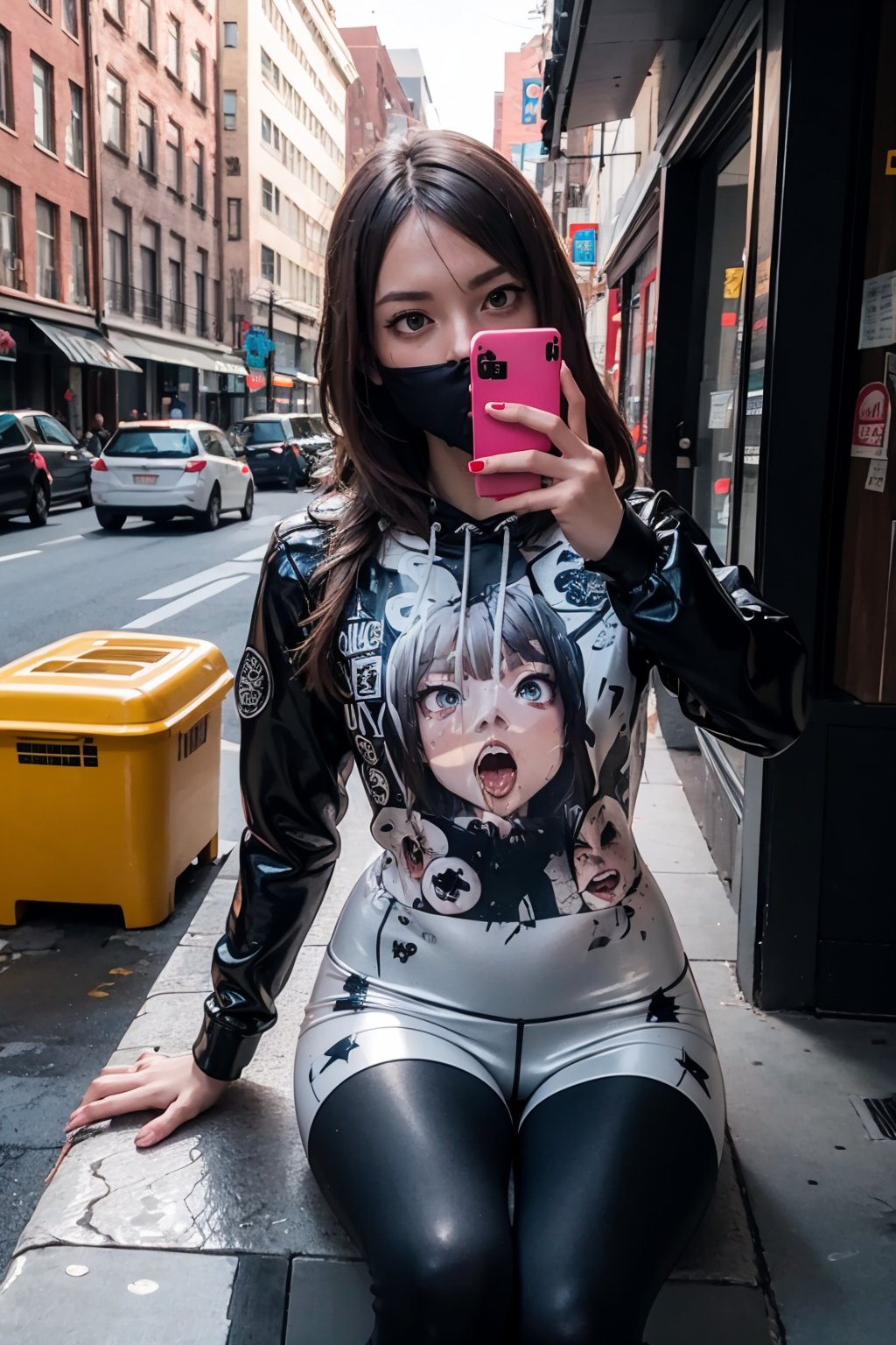 edgNoire,upper selfie body shot,female, woman wearing black bomberjack, sleek designer bodysuit, (cyber leggings:1.1) ,cyberpunk scene, sitting_down ,yorha no. 2 type b,weiboZH,ahegao hoodie