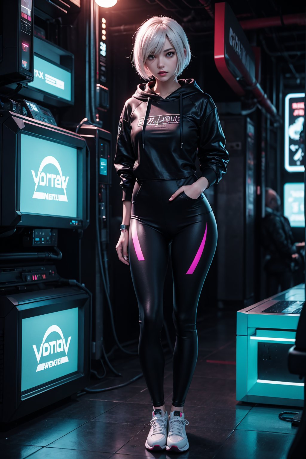 edgNoire,upper body shot,female, woman wearing casual hoodie with logos, sleek designer bodysuit, (cyber leggings:1.1) ,cyberpunk scene ,yorha no. 2 type b