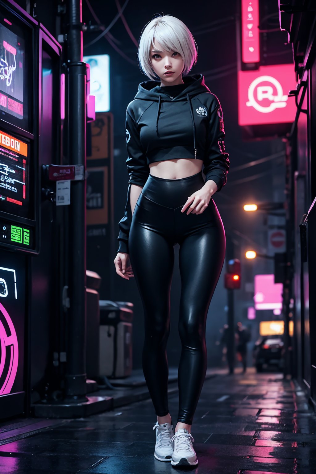 edgNoire,upper body shot,female, woman wearing casual hoodie with logos, sleek designer bodysuit, (cyber leggings:1.1) ,cyberpunk scene ,yorha no. 2 type b