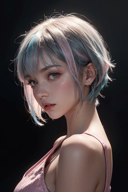 a 20 yo woman, long bobcut BLUE HAIR PINK HIGHLIGHTS, (hi-top fade:1.3), dark theme, soothing tones, muted colors, high contrast, (natural skin texture, hyperrealism, soft light, sharp)