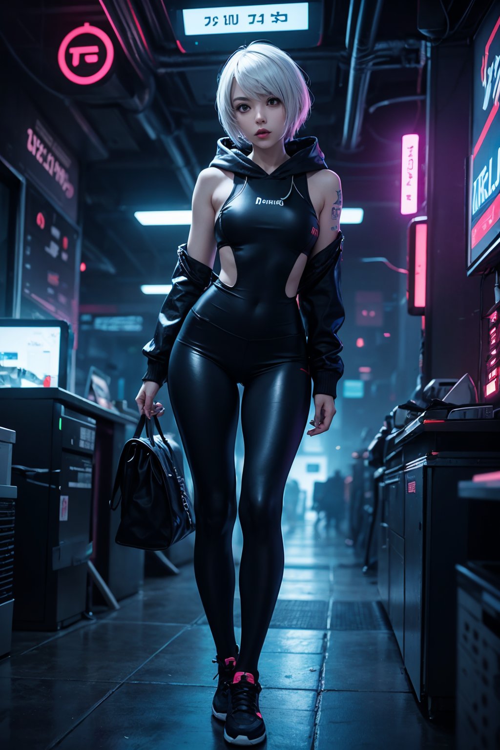 edgNoire,upper body shot,female, woman wearing casual hoodie with logos, sleek designer bodysuit, (cyber leggings:1.1) ,cyberpunk scene ,yorha no. 2 type b,weiboZH