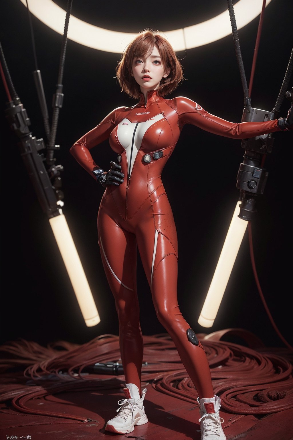 a 20 yo woman, Asuka Langley, colorful long ginger hair, light freckles, (hi-top fade:1.3), big breasts, big ass, dark theme, soothing tones, muted colors, high contrast, (natural skin texture, hyperrealism, soft light, sharp), intrincate red plugsuit, tecnological facility background