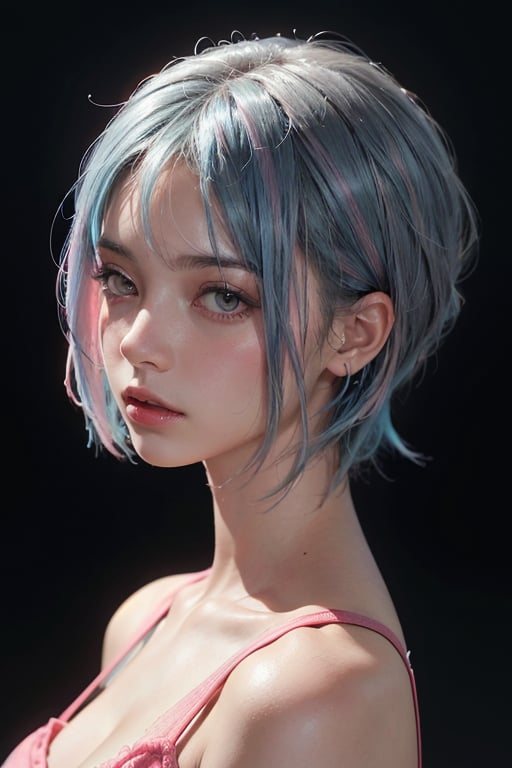 a 20 yo woman, long bobcut BLUE HAIR PINK HIGHLIGHTS, (hi-top fade:1.3), dark theme, soothing tones, muted colors, high contrast, (natural skin texture, hyperrealism, soft light, sharp)