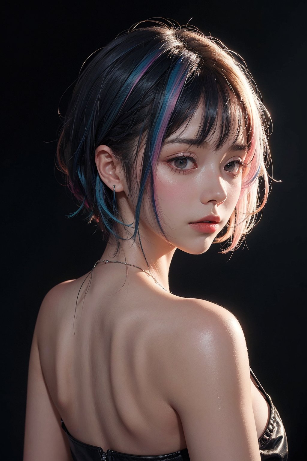 a 16 yo woman, long bobcut BLUE HAIR PINK HIGHLIGHTS, (hi-top fade:1.3), big breasts, big ass, dark theme, soothing tones, muted colors, high contrast, (natural skin texture, hyperrealism, soft light, sharp)