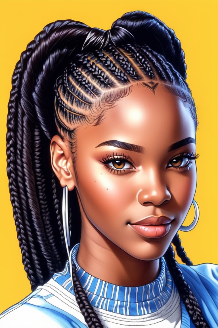 90's anime , beautiful black woman, hyper detailed cornrows hairstyle super pro illustration, pencil hatch, sketch, crossinghatch, pencil sketch, drawing, colorful background