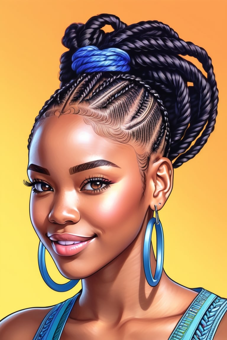 90's anime , beautiful black woman, hyper detailed cornrows hairstyle super pro illustration, pencil hatch, sketch, crossinghatch, pencil sketch, drawing, colorful background