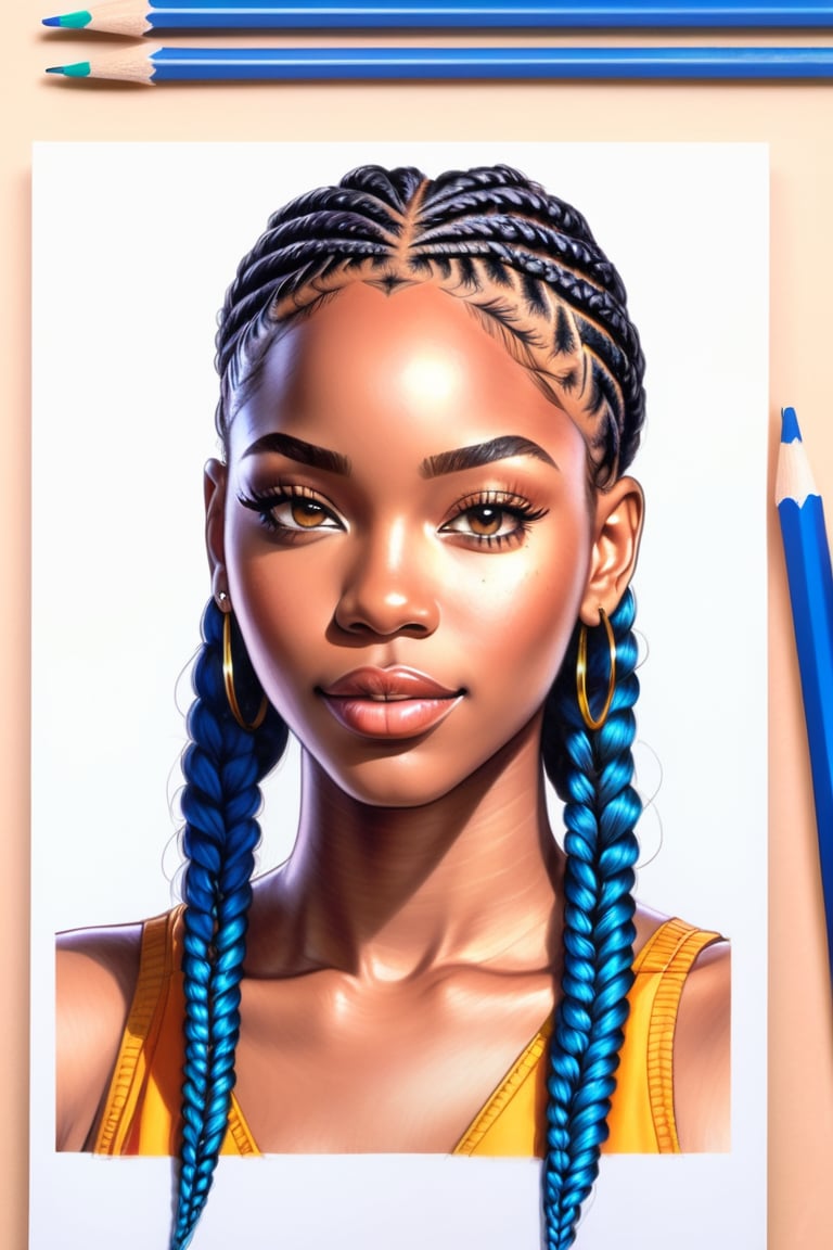 90's anime , beautiful black woman, hyper detailed cornrows hairstyle super pro illustration, pencil hatch, sketch, crossinghatch, pencil sketch, drawing, colorful background