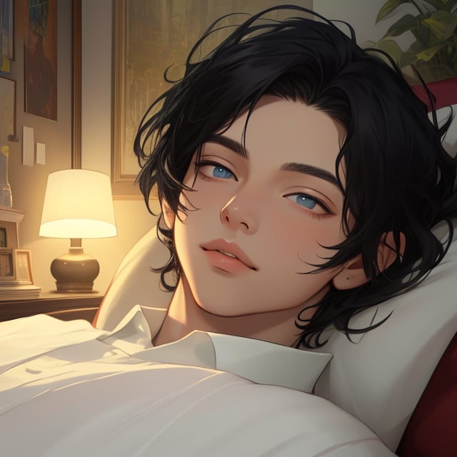 Young man with light skin and black hair. He is in his room sleeping. In a fantasy world. 
(masterpiece), best quality, expressive eyes, perfect face