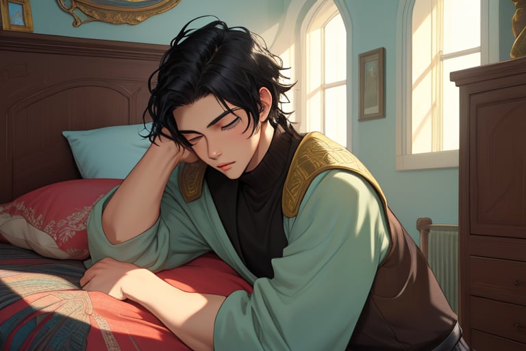 Young man with light skin and black hair. He is in his room sleeping. In a fantasy world. 
(masterpiece), best quality, expressive eyes, perfect face