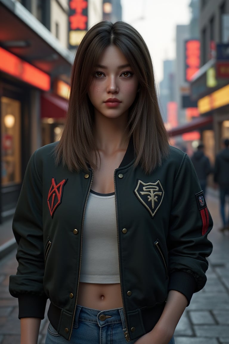 a beautiful korean girl portrait wearing casual bomber jacket in alley city in unreal engine render, unreal engine 5, ray tracing