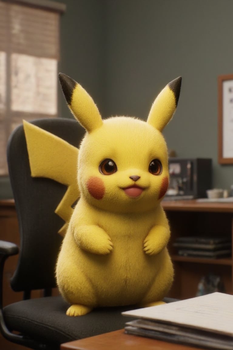 pikachu is sitting inside office., in unreal engine render.