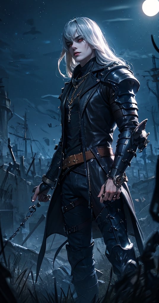 Masterpiece, high quality, 8K, 1man, handsome, tall, leather_coat, leather pants, brass jewelry, skull jewelry, chain, belt, wrist brace, armor, red_point, pale face, Fierce eyes, very long silver hair, night, dark, sulky, spooky, wind, cool pose, latent power, dynamic, bangs, wolf