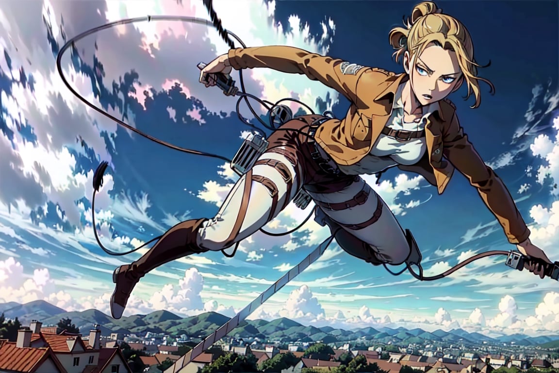 masterpiece, best quality, highres, 1girl. blonde, manga,annie_leonhardt, survey military uniform, jacket, white_pants, AttackonTitan, Three Dimensional Maneuver Gear, jumping, flying, dynamic, fighting, battle_stance, rolling, titan,leviackerman, gust of wind, wind, air, air current, Sonic Boom, acrobatics, wire, belt, case, fan, hook, long_blades, lever, trigger,realhands,house, residential area, (leg_raised:1),1 page manga,manga