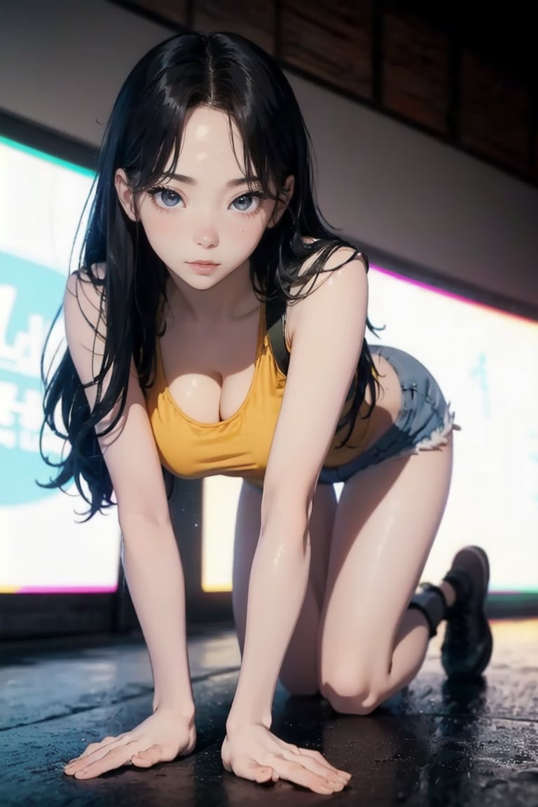 masterpiece, photographic, super realistic, masterpiece, 4K, HDR,  1_korean_girl, natural_skin, (((full_body))), natural_lighting, blank_background, tanktop, long_hair,  hotpants,blurry_light_background, medium_breasts, shaggy_breasts, wide_hip, karinalorashy, nice_legs_line, on_all_fours, facing_viewer, from_above, cleavage