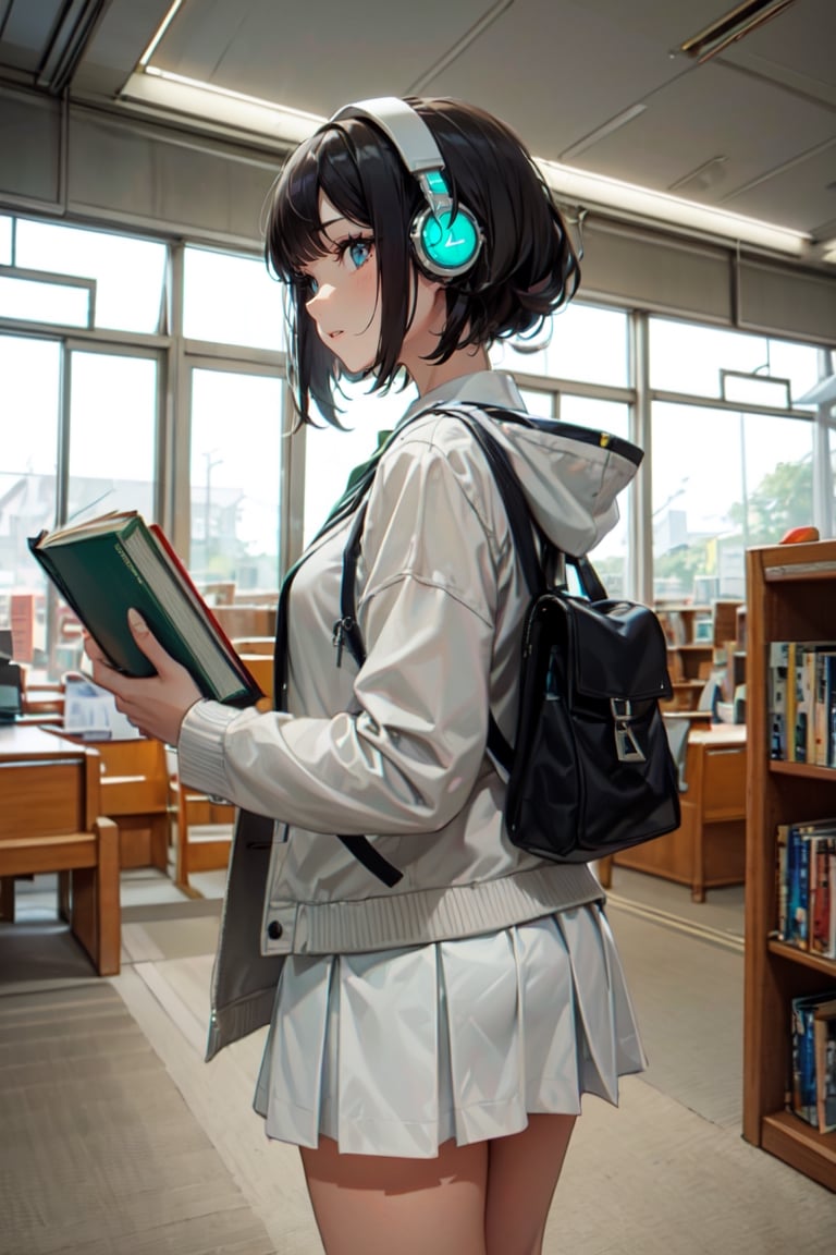 masterpiece, best quality, ultra-detailed, illustration,NCT2, solo, wide shot, library, indoor, bookshelf, books,

(the view of a girl standing in front of a bookshelf and choosing a book),

(Japanese middle school girl), (japanese school uniform), ((white shirt, white skirt, gray jacket, gray vest, green tie)), (light_makeup), (skinny_body), (bangs), (hime_cut), black_hair, ((white headphones))