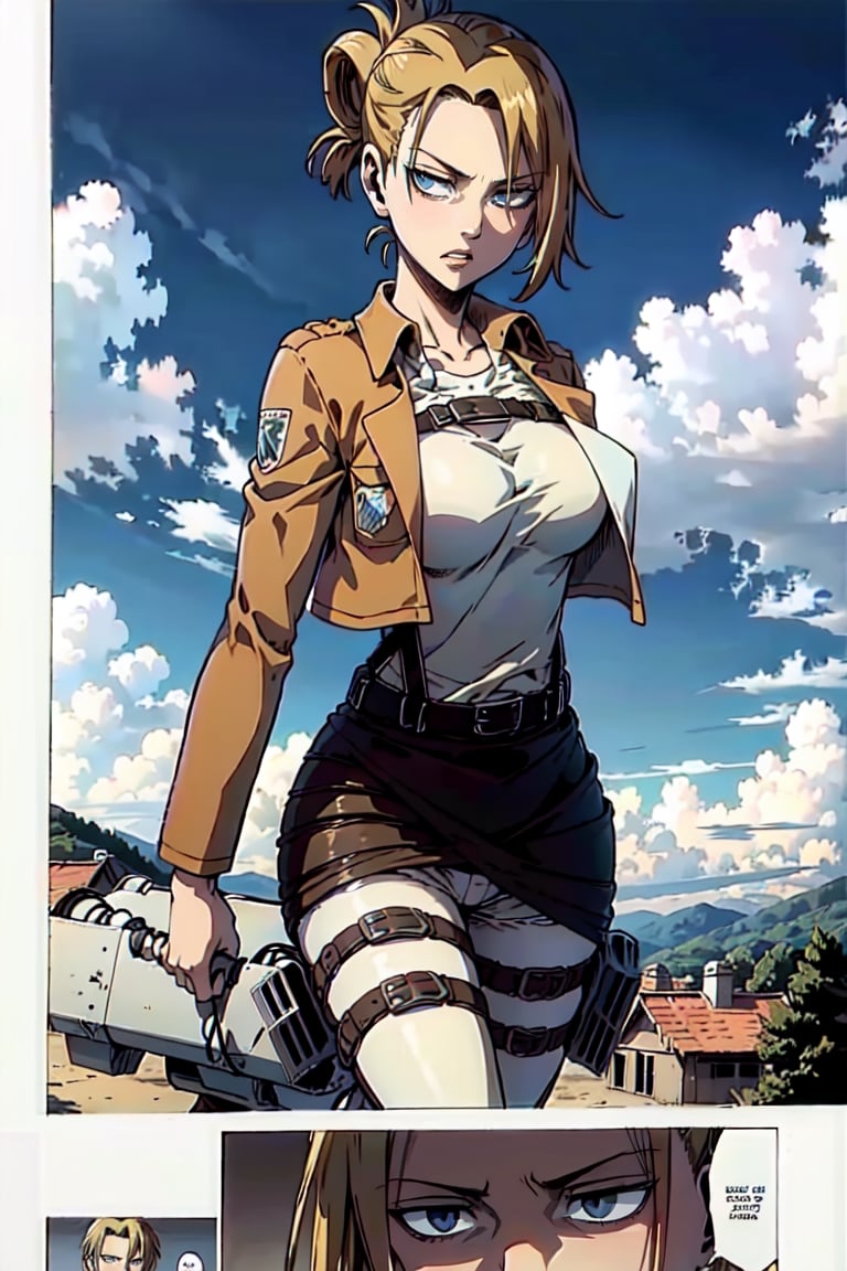 masterpiece, best quality, highres, 1girl. blonde, manga,annie_leonhardt, survey military uniform, jacket, white_pants, AttackonTitan, Three Dimensional Maneuver Gear, jumping, flying, dynamic, fighting, battle_stance, rolling, titan,leviackerman, gust of wind, wind, air, air current, Sonic Boom, acrobatics, wire, belt, case, fan, hook, long_blades, lever, trigger,realhands,house, residential area, (leg_raised:1),1 page manga,manga