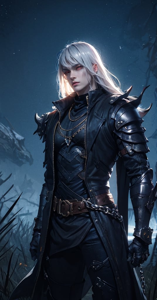 Masterpiece, high quality, 8K, 1man, handsome, tall, leather_coat, leather pants, brass jewelry, skull jewelry, chain, belt, wrist brace, armor, red_point, pale face, Fierce eyes, very long silver hair, night, dark, sulky, spooky, wind, cool pose, latent power, dynamic, bangs, wolf