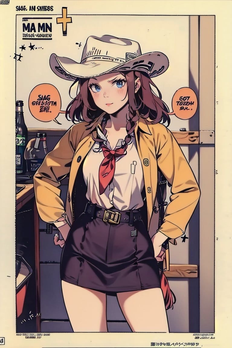 ((1man)), 1 page manga,cowgirl, western cowboy style, cowboy_hat, belt_buckle