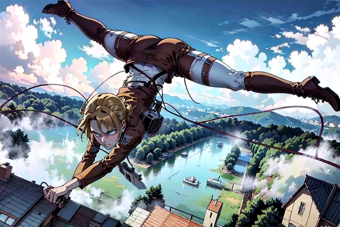 masterpiece, best quality, highres, 1girl. blonde, manga,annie_leonhardt, survey military uniform, jacket, white_pants, AttackonTitan, Three Dimensional Maneuver Gear, jumping, flying, dynamic, fighting, battle_stance, rolling, titan,leviackerman, gust of wind, wind, air, air current, Sonic Boom, acrobatics, wire, belt, case, fan, hook, long_blades, lever, trigger,realhands,house, residential area, (leg_raised:1),1 page manga,manga