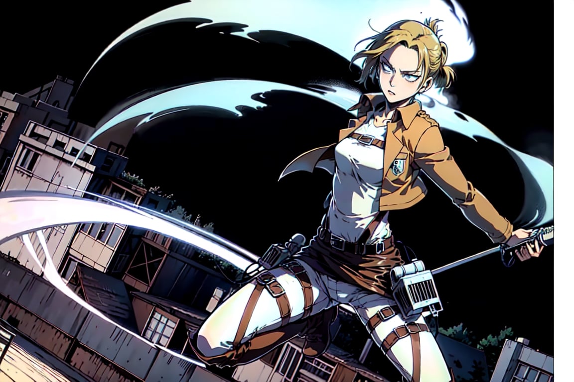 masterpiece, best quality, highres, 1girl. blonde, manga,annie_leonhardt, survey military uniform, jacket, white_pants, AttackonTitan, Three Dimensional Maneuver Gear, jumping, flying, dynamic, fighting, battle_stance, rolling, titan,leviackerman, gust of wind, wind, air, air current, Sonic Boom, acrobatics, wire, belt, case, fan, hook, long_blades, lever, trigger,realhands,house, residential area, (leg_raised:1),1 page manga,manga