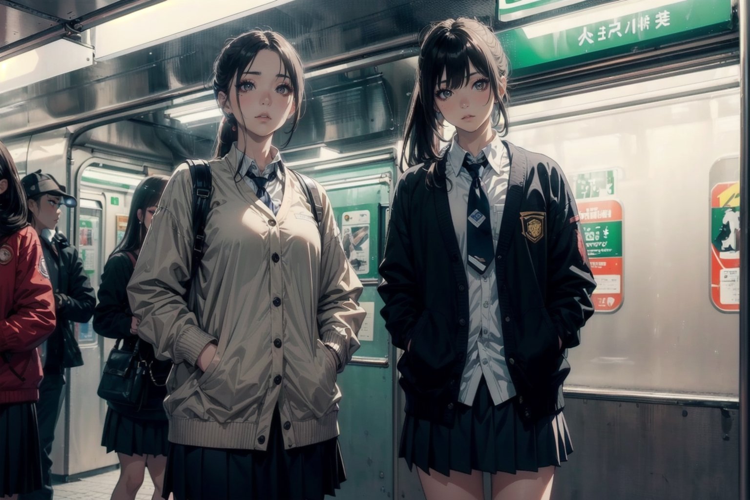 masterpiece, (((Realistic and delicate high-resolution structure: 1.4, Realistic and delicate high-quality structure: 1.4))),(Well-proportioned and perfect body proportion structure),(((image structure of real human texture))), (((crowded_subway))), (((indoor))), (((fluorescent_light))), full_body, 

(Japanese high school girl), (Cold_face), (harsh_eyes), (heavy_makeup:1.1), (smokey_makeup:1.1), (narrow_waist), (gyaru), (black_long_hair), (loose-fitting_clothes:1.4), (black_cardigan), (light_blue_shirt), (((indigo_school_uniform_skirt))), (neck_tie), (skinny_body), (bangs), (dark_brown_eyes), (hime_cut, long_ponytail),

((subway chairs, subway windows, subway handles, subway pole, subway doors,))