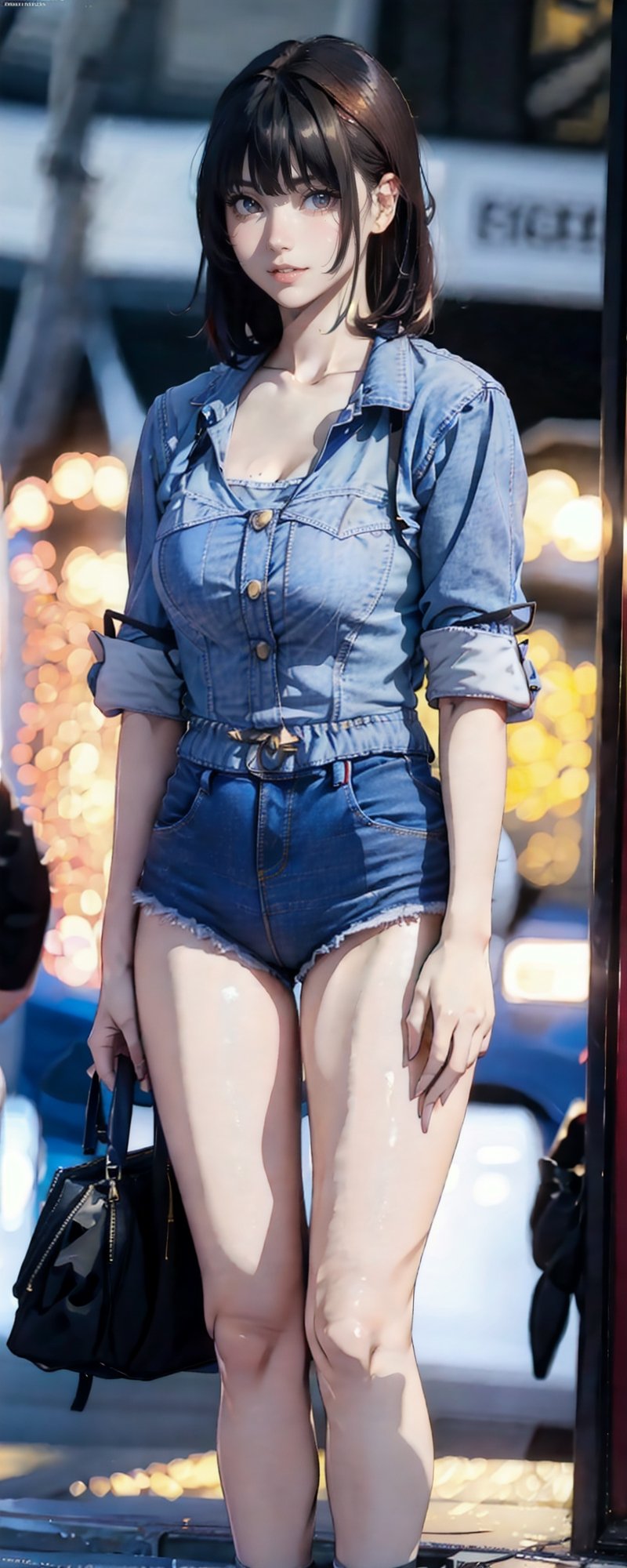 masterpiece, photographic, super realistic, masterpiece, 4K, HDR,  1_korean_girl, natural_skin, bangs, (((full_body))), natural_lighting, twmomo, denim_jacket, hotpants, bag, blurry_light_background,hourglass body shape, nice leg line, wide_hip